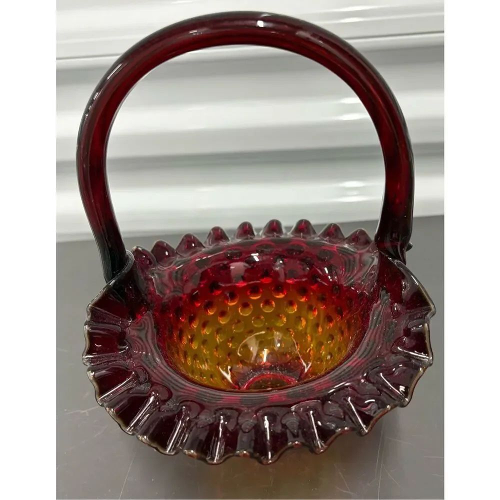 Vintage FENTON RUBY RED GLASS HOBNAIL FLUTED BASKET